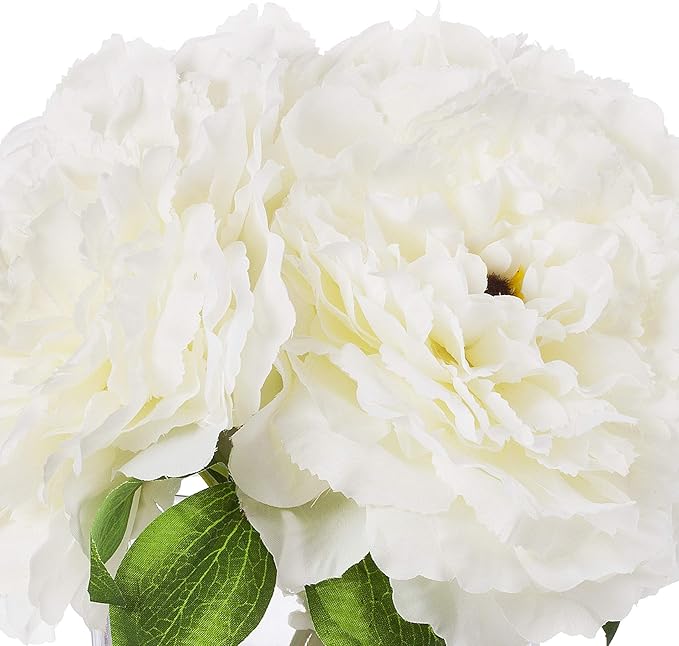 ENOVA HOME Silk Peony Flowers Arrangements in Cube Glass Vase with Faux Water for Home Table Wedding Centerpiece Decoration (Cream)