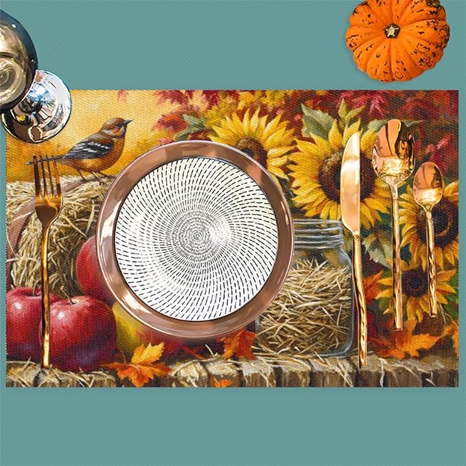 Autumn Apple Flower Sunflower Placemats Set of 1 PVC Vinyl Non Slip Table Mats Heat Resistant Place Mats Washable Wipeable Dining Table Mat for Kitchen Decor Party Indoor Outdoor Decorative Gift