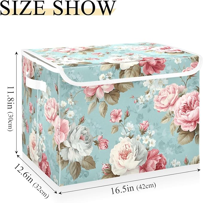 susiyo Cute Floral Pattern Storage Bins with Lids and Carrying Handle Foldable Storage Boxes Organizer Containers Baskets Cube Shelf organizers for Clothes Toys Office