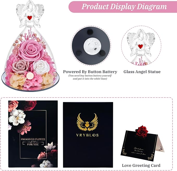 Preserved Flowers in Glass Angel Figurine with LED Light,Forever Real Roses Prime Eternal Flower Birthday Glitter Decorations for Her Women Mom Grandma Sister (Pink)