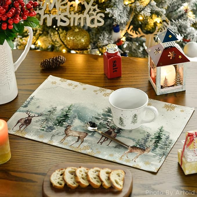 Artoid Mode Watercolor Deer Trees Snowflakes Christmas Placemats for Dining Table, 12 x 18 Inch Seasonal Winter Xmas Holiday Rustic Vintage Thanksgiving Washable Table Mats Set of 6