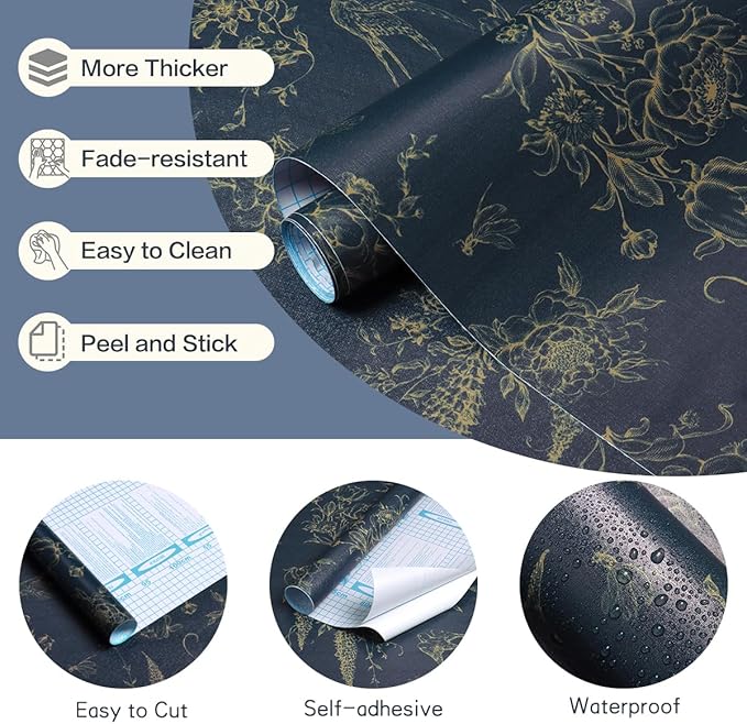 Floral Birds Wallpaper Peel and Stick Dark Blue Contact Paper 16.9”x 118.1” Vintage Floral Self Adhesive Removable Wallpaper Flower Birds Wall Paper for Bathroom Kitchen Decor Vinyl