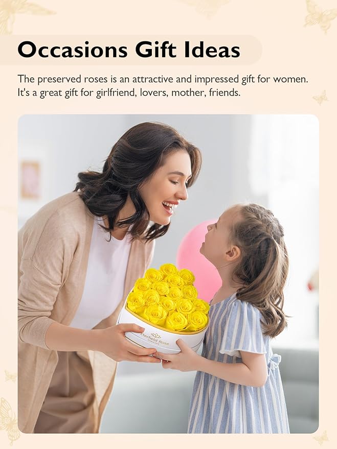 Eterfield Forever Flowers in Heart Shape Box, Preserved Roses That Last a Year Preserved Flowers Birthday Gifts for Her Mom Women Wife Anniversary Valentine's Day Mother's Day (16 Roses, Yellow)