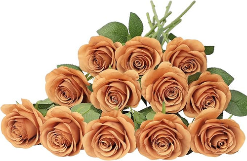 12pcs Roses Artificial Flowers Terracotta Fake Roses Flowers with Long Stems Silk Flowers for Wedding Bouquet Centerpices Decorations Party Bridal Baby Shower Home Decor