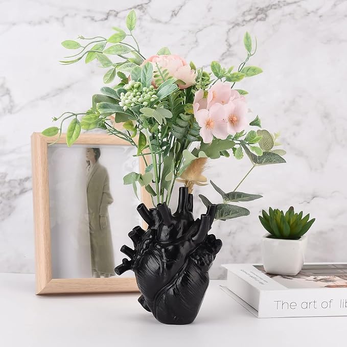 Heart Vase, Gothic Anatomical Resin Flower Pot Desktop, Human Heart Organ Shape for Dried Flower Arrangement on The Dining Table、Desktop Living Room Decoration (Black)
