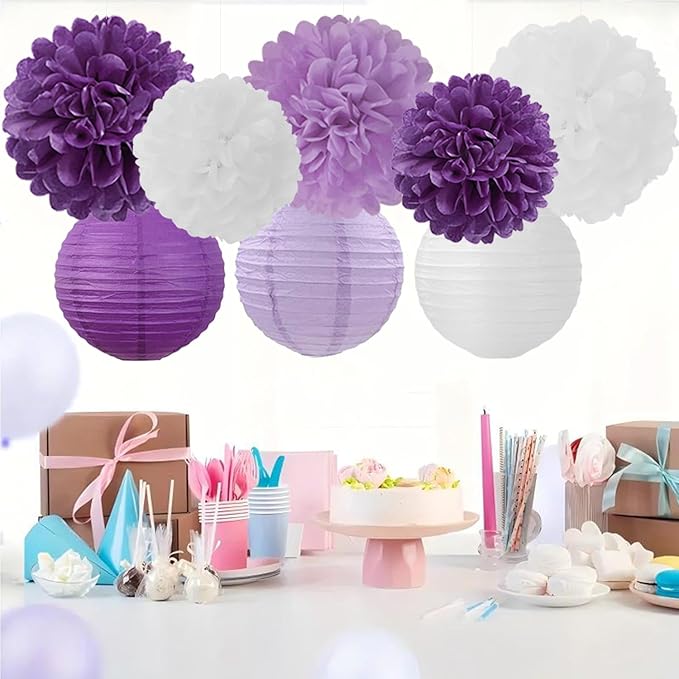 Purple White Paper Flowers Tissue Pom Poms Honeycomb Lanterns 15pcs Party Decorations for Birthday Lavender Baby Shower Wedding Mom Bridal Lilac Retirement Graduation Hanging Decor Mprocherify