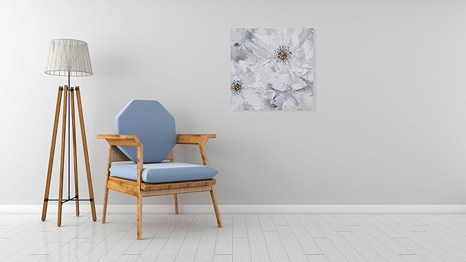 SYGALLERIER White and Gray Flower Blooms Wall Art - Handcrafted Floral Canvas with Gold Foil Embellishments Modern Flower Wall Decor for Livingroom Bedroom Bathroom 24X24
