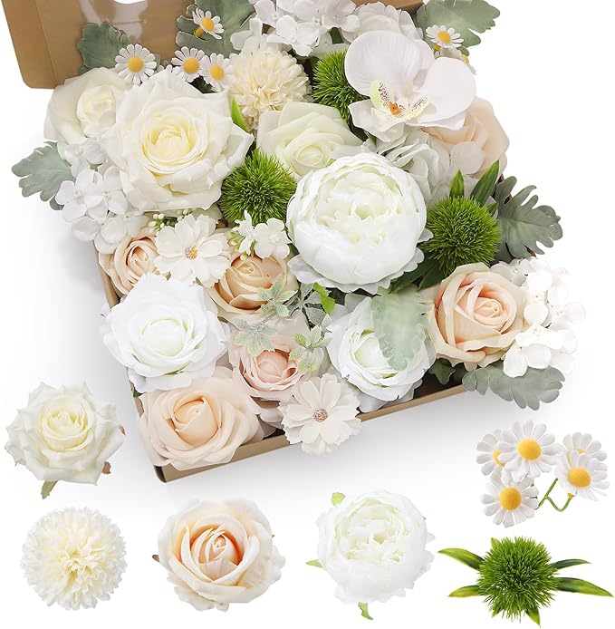 Jspupifip Artificial Flowers Combo Box, Silk Floral Wedding Bouquets Rose with Stem for DIY Wedding Arrangement Bridal Baby Shower Flower Vase Centerpiece Cake Decor (White, Champagne)