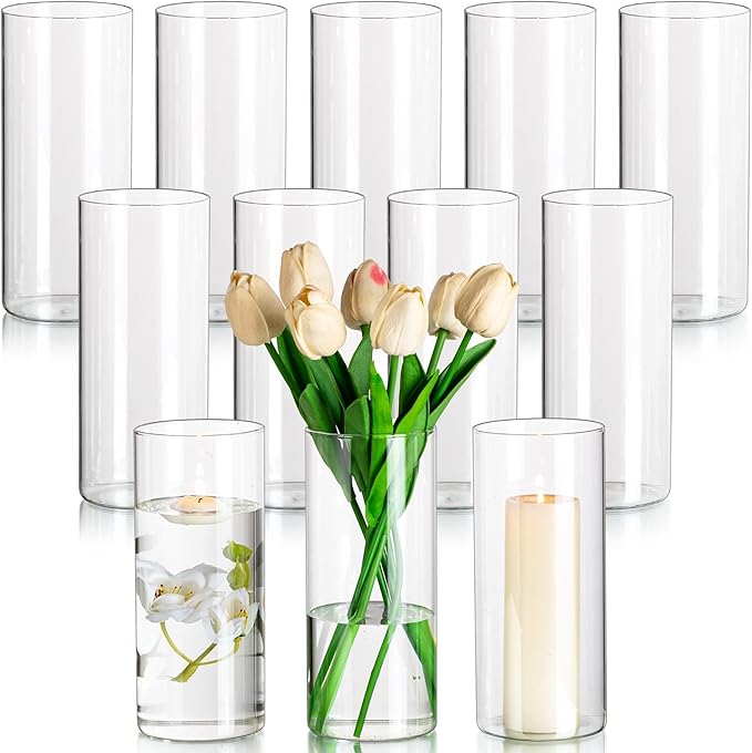 Glasseam Glass Cylinder Vases for Centerpieces, Clear Flower Vase Set of 12, Modern Floating Candle Vases Decor, Decorative Hurricane Pillar Candle Holders for Wedding Dining Table Decorations, 8in