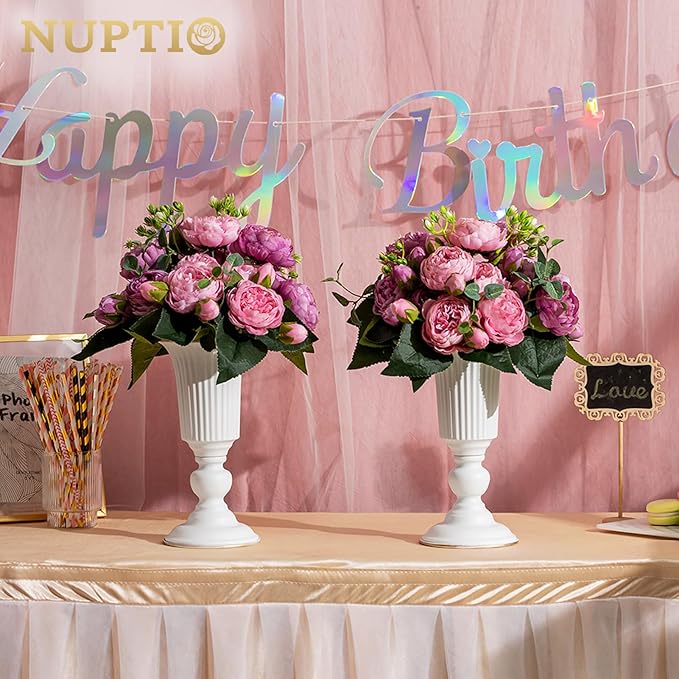 Nuptio 2 Pcs Flowered Metal Trumpet Vase Elegant Wedding Centerpieces Vase for Wedding Party Decoration, 23.2cm Tall Artificial Flower Arrangements for Anniversary Ceremony, White