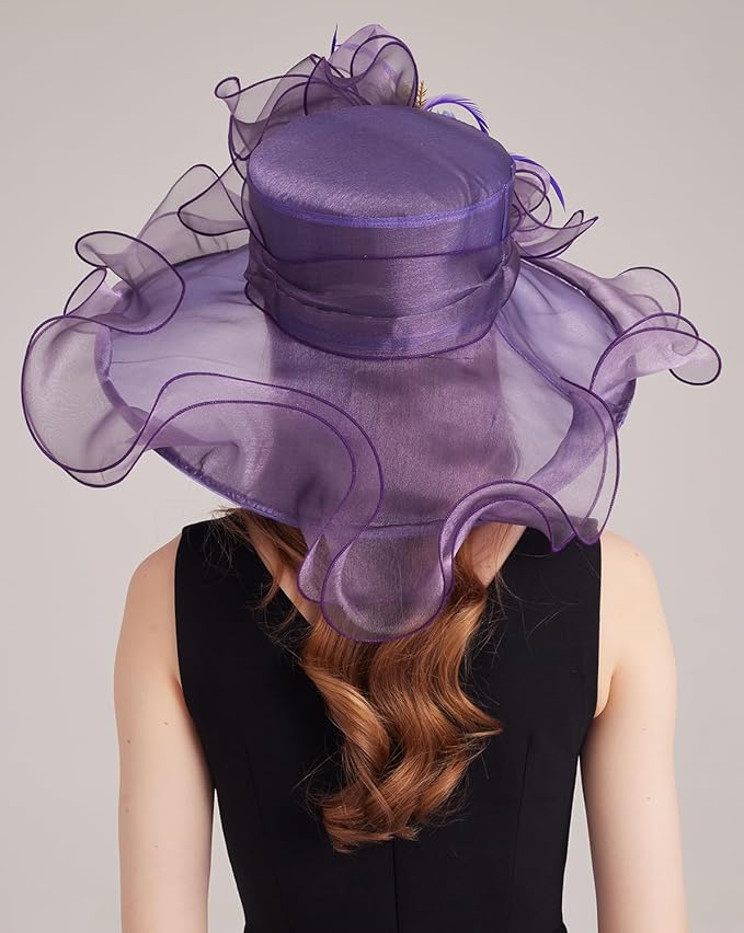 Organza Derby Hats for Women Wide Brim Fascinator Hat Rose Flower Wedding Tea Party Hat