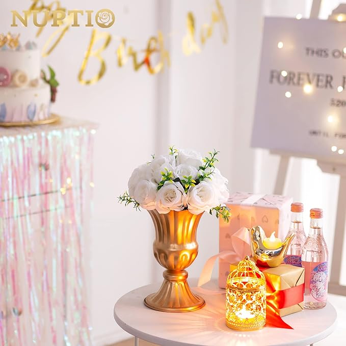 Nuptio Gold Vases for Centerpieces - 10 Pcs, 9in Height Metal Urn Planter Elegant Wedding Centerpieces for Tables - Trumpet Vase for Weddings and Party Decoration