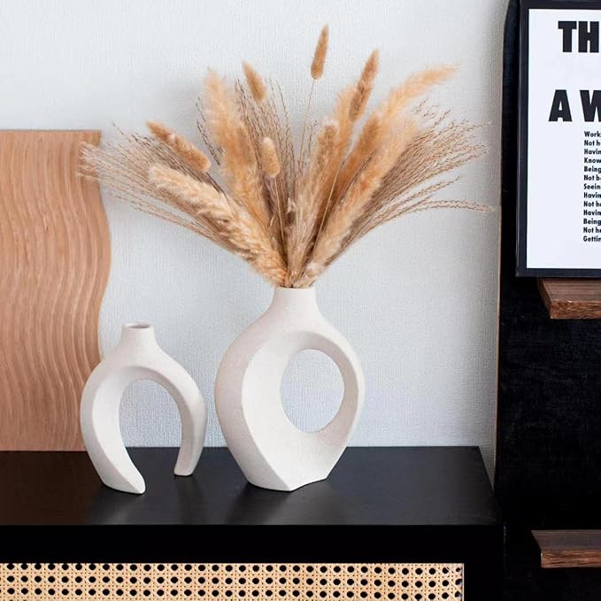 Ceramic Vases for Home Decor Set of 2, Off White Boho Small Flower Vase, Minimalist Decorative Modern Donut Vase for Living Dining Room Office Entryway Book Shelf Coffee Console Table Décor
