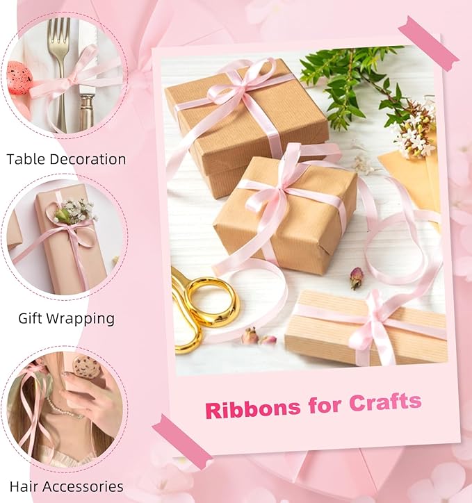 3/8 Inch Pink Ribbon 4 Rolls Total 16 Yards, Mixed Ribbon for Gift Wrapping, Wedding and Birthday Celebrations, Flower Bouquet, Craft Projects, and Christmas Bow-Making