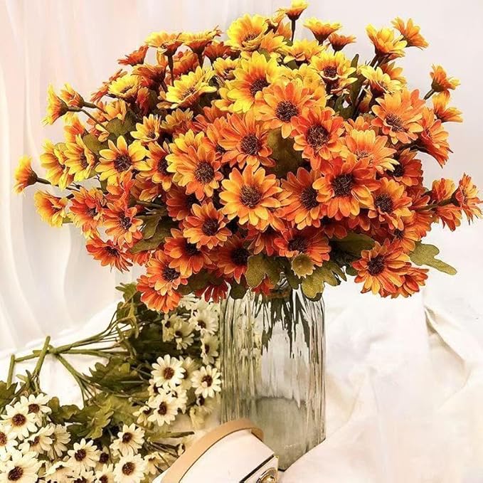Artificial Mums, Artificial Sunset Mums, Artificial Outdoor Sunset Mum-s Flowers - UV Resistant, Waterproof, Windproof, Reflecting Autumn Vibe (Orange - 10 Bundles)