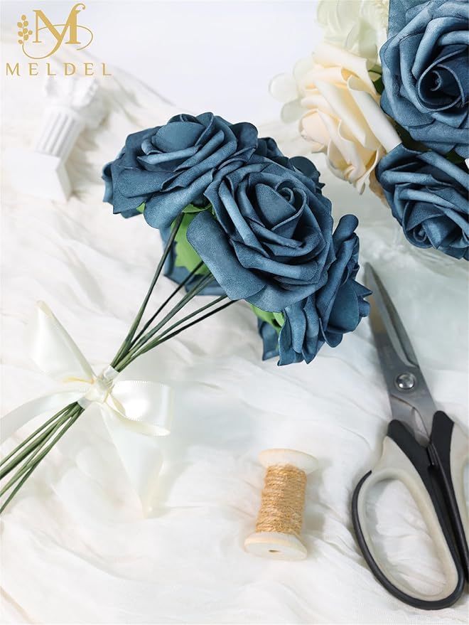 Meldel Artificial Flowers 50pcs Real Looking Dutch Blue Dusty Blue Foam Fake Roses with Stems for DIY Wedding Bouquets Bridal Shower Centerpieces Floral Arrangements Home Decorations Crafts Gifts