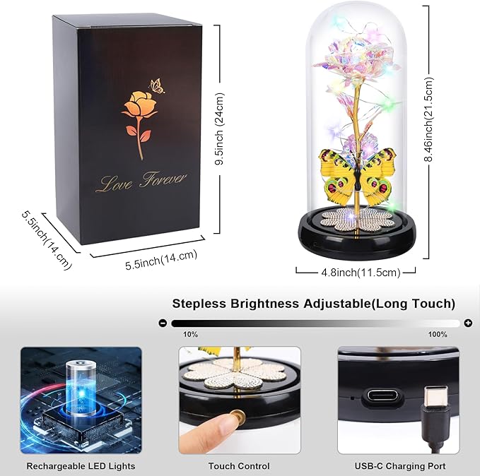 Christmas Rose Gifts for Women, Womens Gift for Christmas Rechargeable Galaxy Glass Rose Light Up Roses In Glass Dome Colorful Crystal Flower Butterfly Birthday Xmas Gifts for Women Her Wife Grandma