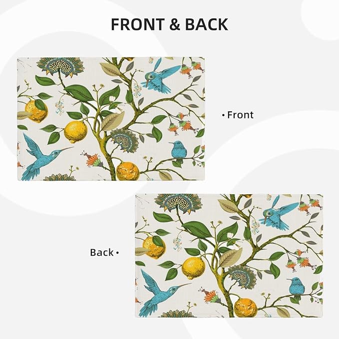 Lemon Linen Placemats Set of 4 Retro Plant Bird Print Placemats for Indoor Outdoor Party Home Desktop Kitchen Dining Room Decor 12x18 Inch