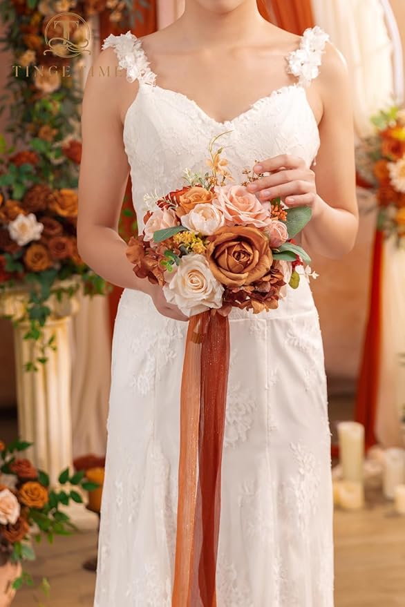 TINGE TIME Artificial 9 Inch Bridal Bouquet, Terracotta Flower Bouquet with Roses for Bride, Bridal Tossing Bouquet for Fall Wedding Ceremony Anniversary Bridal Showers Wedding Church Decoration