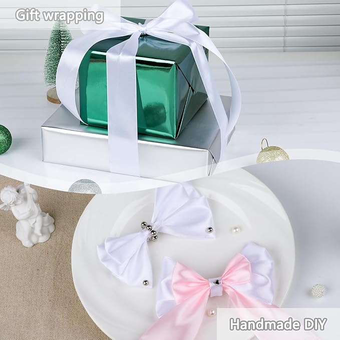 NESCCI 100 Yards Ribbon,1-1/2 Inch White Satin Ribbon,Single Face Satin Ribbons,Perfect for Gift Wrapping,Wedding Decoration,Handmade Bows, Wrapping Bouquet and More