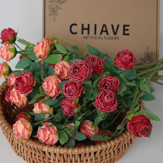 CHIAVE 8pcs 24 Flower Buds Artificial Vintage Roses Fake Silk Rose Flowers with Long Stem for DIY Bouquets Wedding Centerpiece Party Home Kitchen Shorp Decoration-Red