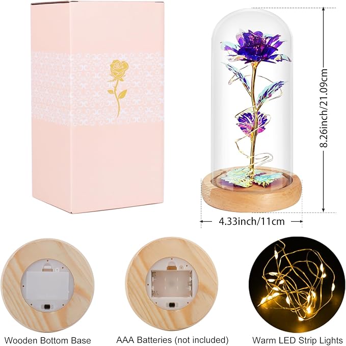 Beferr Mom Birthday Gifts for Women, Galaxy Glass Rose Forever Preserved Flowers for Delivery Prime Light Up Rose in Glass Dome Christmas Rose Gifts for Her Wife Daughter Friends, Purple