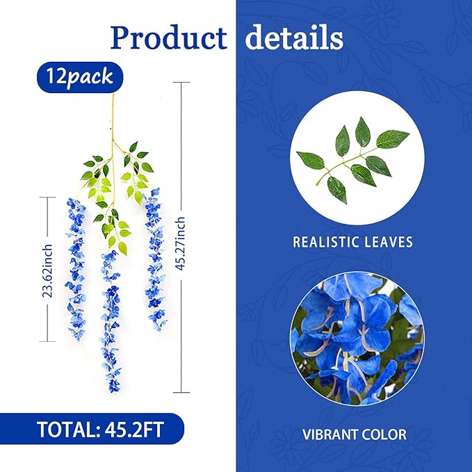 12 Pack Royal Blue Wisteria Hanging Flowers Garland, 3.77 Feet Artificial Flower Vines, Fake Wisteria, Artificial Vines Hanging Garland for Backdrop Outdoor Yard Garden Decor