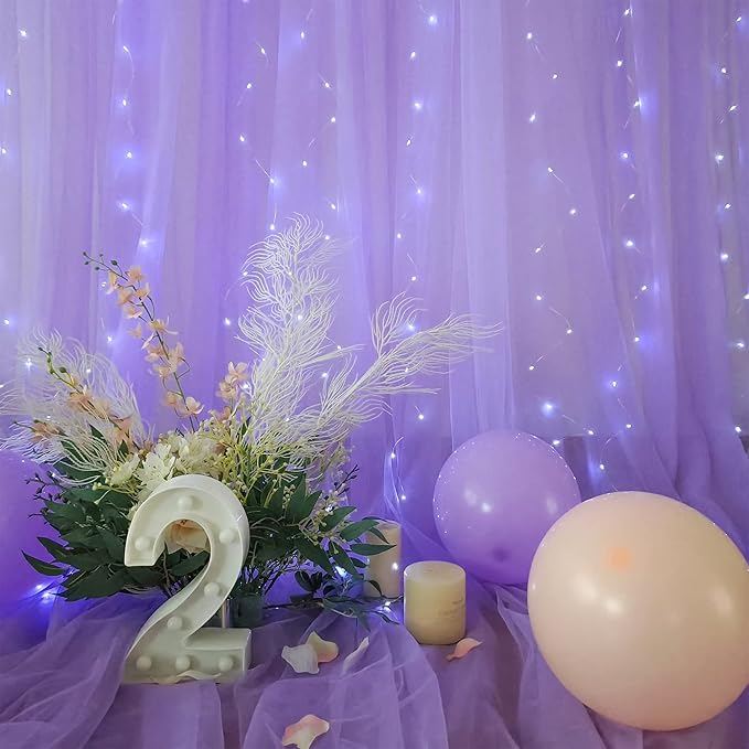 10ft x 10ft Lavender Tulle Photo Backdrop Curtain with Lights String for Parties Wedding Bridal Shower Sheer Lavender Curtain Backdrop for Birthday Baby Shower Photo Booth Photography