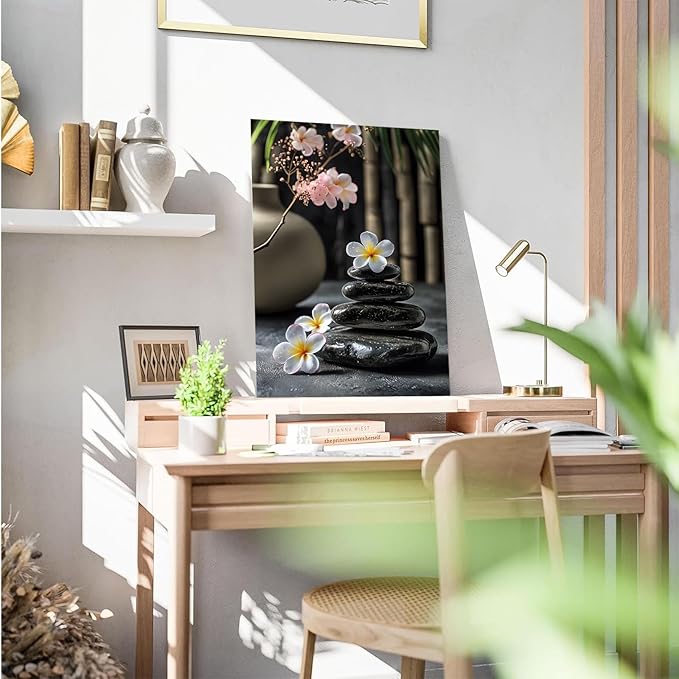 A harmonious black stone stack paired with white and pink flowers bamboo and ceramic vases creates a tranquil Zen decor for minimalist homes and mindful spaces 28x40in Frameless