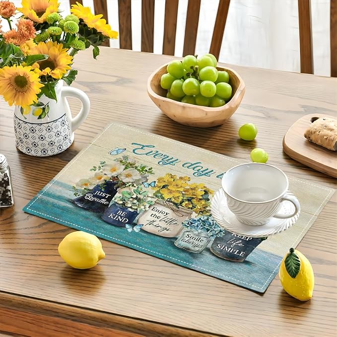 Farmhouse Spring Flower Placemats Set of 4 Every Day is A Gift Country Rustic Floral Yellow Double-Sided Table Mats for Dining Room Home Party Indoor 4 PCS 12x18 Inch