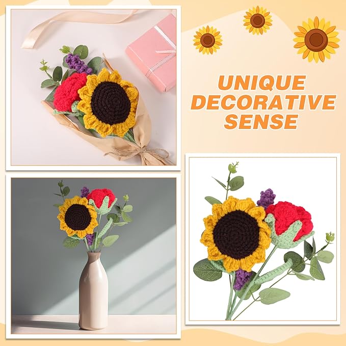 Breling Crochet Flower Bouquet Handmade Crochet Sunflowers Gift Lavender Rose Knitted Eternal Artificial Flowers for Wife Women Valentine's Day Mother's Day Birthday Wedding Anniversary