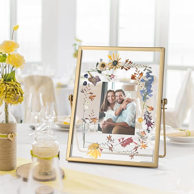 Gold Picture Frame Set - /w 68 Pcs Dried Flowers and Tweezer - Double Glass Frame for Pressed Flowers, Pressed Flower Frames for Handicrafts, Photo or Other Flat Items.