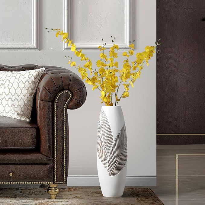Modern Large Floor Vase White Home Decor Flower Vases 17.7 Inch Tall Resin Vase Tree Leaf Texture Decor Vases for Entryway Living Room Mantel