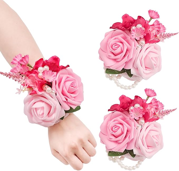 TINGE TIME Set of 2 Peach Pink Wrist Corsage Bracelets Pearl Wristlet Band Bridesmaid Bracelet for Wedding Ceremony Bridal Shower Wedding Artificial Flower Prom Hot Pink