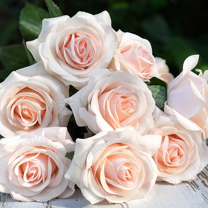 FiveSeasonStuff Fake Roses Wedding Flowers Real Touch Silk Cream Pink Artificial Flowers 12 Stems