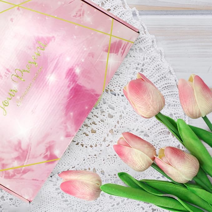 28pcs Pink Flowers Artificial Tulip Stems Real Feel PU Tulips for Easter Spring Wreath Wedding Bouquet Centerpiece Floral Arrangement Cemetery Table Décor 13" Tall