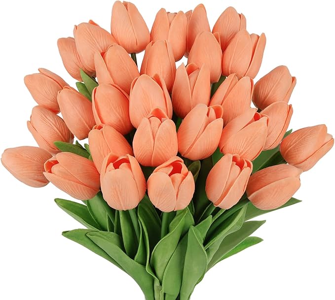 MACTING 30PCS Artificial Tulip Flowers Real Touch Fake Tulips Spring Faux Flowers for DIY Bouquet Floral Arrangements Table Centerpieces Kitchen Dining Room Home Mothers Day Decor(Light Orange)