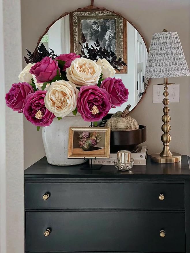 YalzoneMet 3.5'' Big Bloom Champagne Rose Artificial Flowers 4Pcs Real Touch Rose Faux 17.7Inch Long Stem Austen Roses Peonies Fake Flowers for Boho Home Kitchen Party Spring Flower Wedding Decor