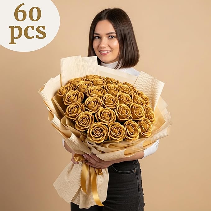 Auihiay 60PCS Gold Rose Artificial Flowers, Faux Silk Roses, Realistic Roses Bouquet for Anniversary, Baby Shower, Birthday, Graduation, Table Centerpieces, Cake Flower, Valentine's Day Decorations