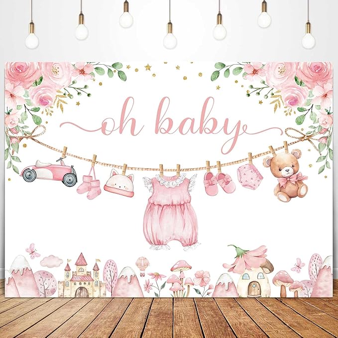 Sensfun Cute Clothes Baby Shower Backdrop for Girls Oh Baby Girl Newborn Pink Floral Eucalyptus Leaves Adventure Baby Shower Party Decorations Banner Supplies Photo Booth Studio Props 8x6ft