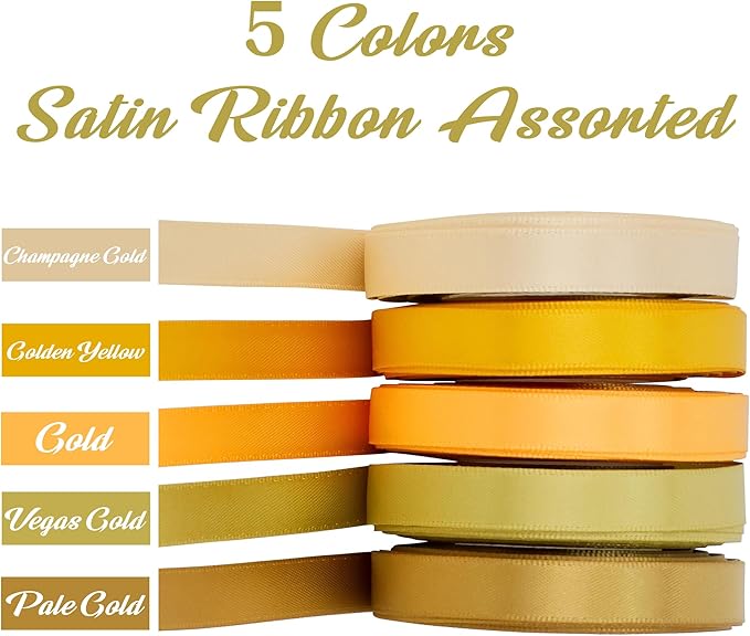 HUIHUANG Thin Satin Ribbon 3/8 inch - 5 Rolls Total 50 Yards Assortment Champagne, Golden Yellow, Vegas Gold & Pale Gold for Gift Wrapping, Craft & Decorations