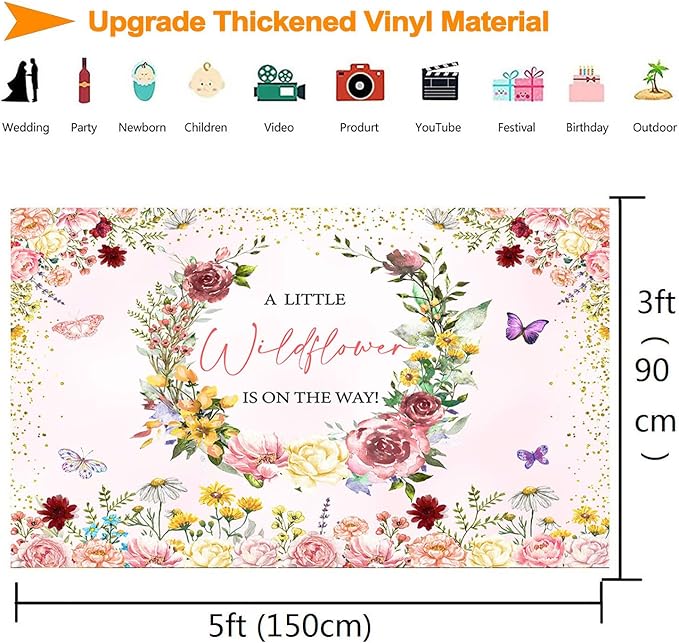 InMemory Wildflower Baby Shower Backdrop Banner Pink Floral Party Decorations for Girls,A Little Wildflower is On The Way Background Wild flower Theme Baby Shower Party Supplies Photoshoot Props 5x3ft