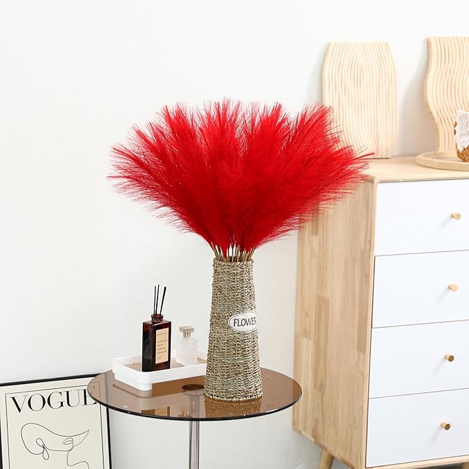 60pcs Red Pampas Grass Decor - 24 Inch Short Artificial Pampas Grass Decor, Fake Pompas Floral for Vase Filler, Wedding Flower Arrangement, Party and Home Decor (Red)