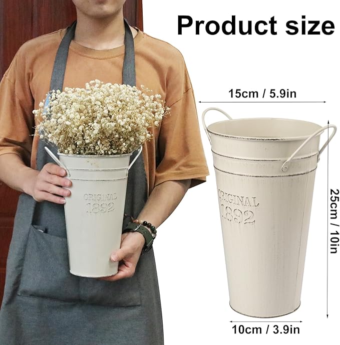 4 PCS 10 Inch Rustic Galvanized Flower Vases, Farmhouse French Buckets for Beautiful Floral Arrangements, Home Decor or Weddings and Events by GENHAKON