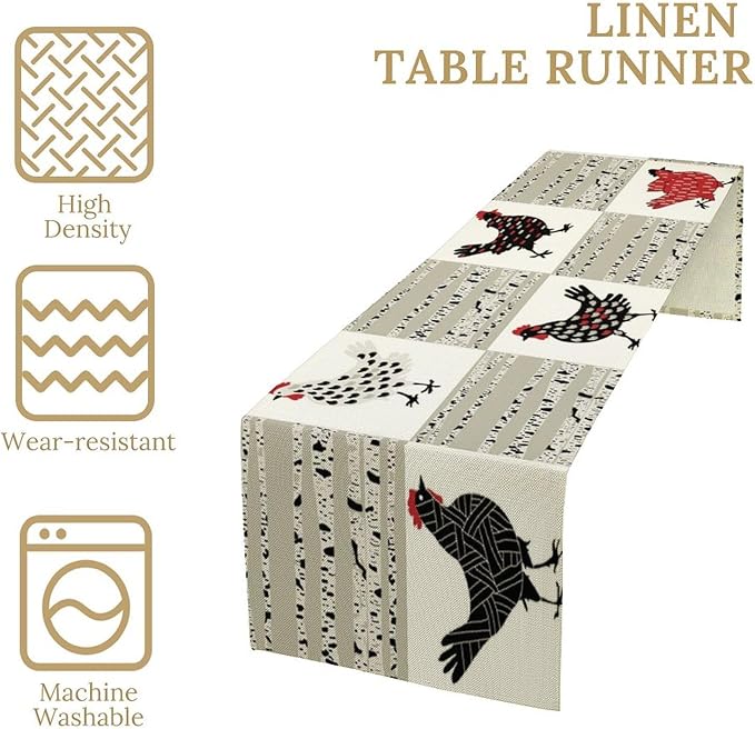 Farmhouse Rooster Table Runner, Rustic Farm Animals Funny Chicken Dinner Runner for Country Farmhouse Home Kitchen Dinner Table Party Decoration 13x90in