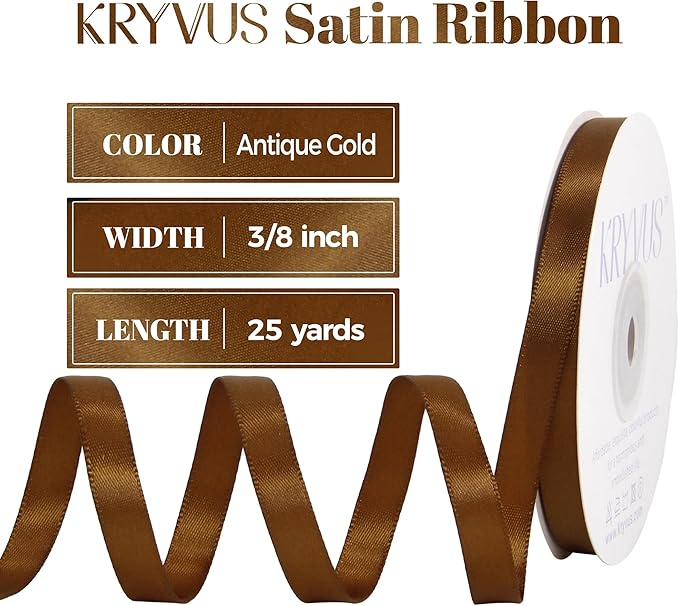 Antique Gold Satin Ribbon, Double Faced 3/8 Inch X 25 Yards Antique Gold Ribbon, Premium Satin Ribbon for Gift Wrapping, Crafts, Hair Bow Making, Sewing, Flower Bouquet, Wedding Party Decor