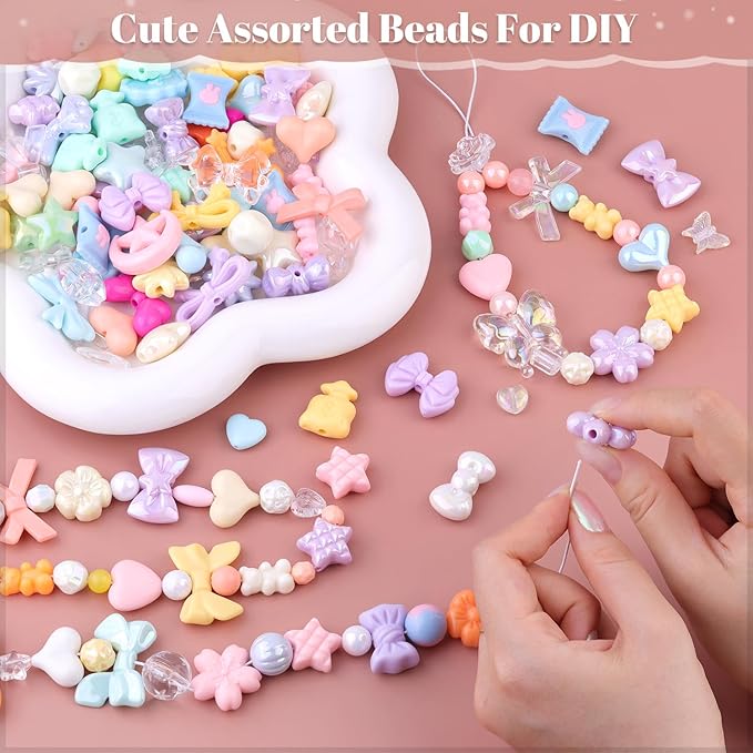 Assorted Acrylic Beads, 200-260PCS Macaroon Color Cute Beads for Bracelet Making, GummyBear Bow Candy Kawaii Charms for Jewelry Making DIY Necklace Keychain Phone Charm Christmas Gift
