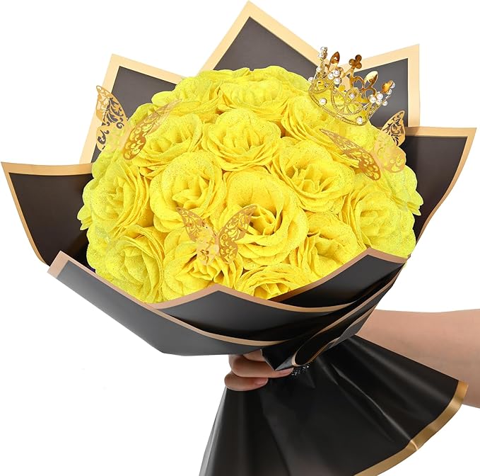 Waipfaru Glitter Roses Bouquet, DIY Yellow Fake Flowers Bouquet, Birthday Gifts for Women Mom, 24 Pcs Rose for Grandma Wife Girlfriend Valentines, Mothers Day, Anniversary, Graduation