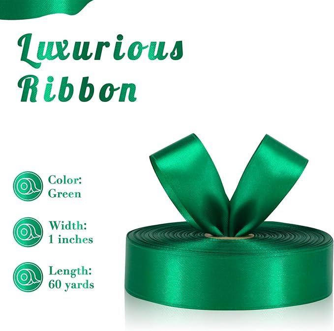 Green Ribbon 1 Inch 60 Yards, Green Satin Ribbon for Flower Bouquet, Graduation Lei, Crafts, Gift Wrapping, Baby Shower, Christmas and Wedding Decorations