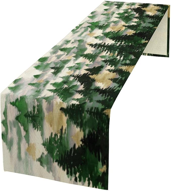 Watercolor Green Pine Trees Table Runner, Forest Woodland Tabletop Scarf Home Kitchen Holiday Decor, Seasonal Farmhouse Rustic Dining Decorations Party Supply 13 X 36 Inch